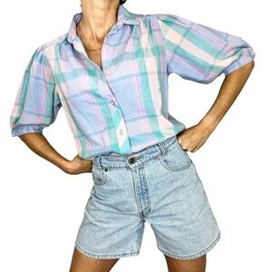 Vintage 80s Cheryl Tiegs made in USA blue pink plaid balloon sleeve blouse 12